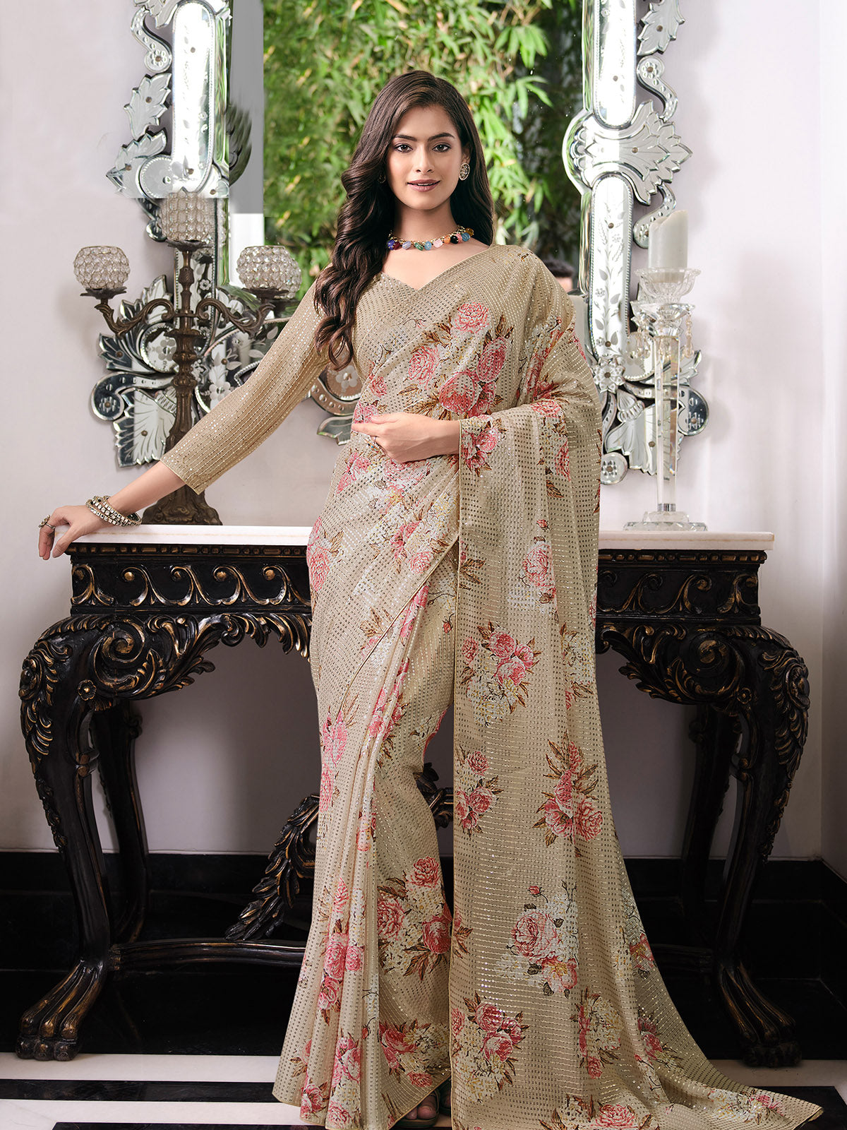 Odette Women Beige Digital Print And Sequins Embroidery Saree With Unstitched Blouse