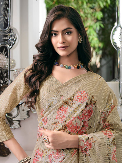 Odette Women Beige Digital Print And Sequins Embroidery Saree With Unstitched Blouse