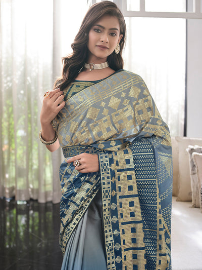 Odette Women Blue Crepe Sequins Embroidery And Digital Print Saree With Unstitched Blouse