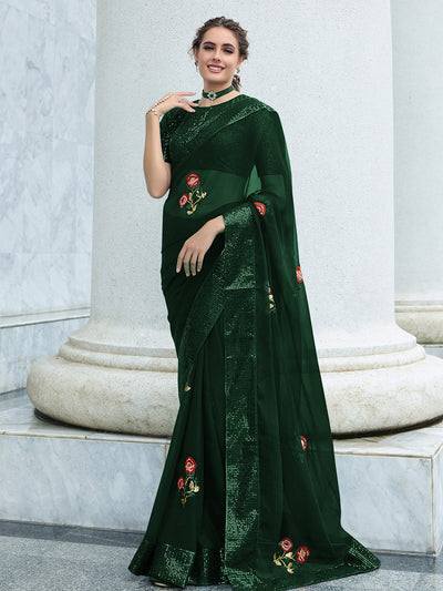 Odette Women Green Shimmer  Sequins Embroidery Saree With Unstitched Blouse