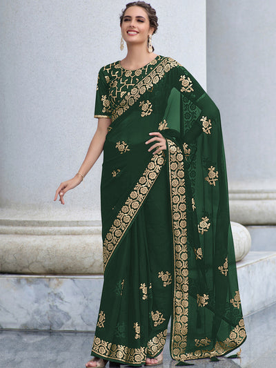Odette Women Green Shimmer Sequins Embroidery Saree With Unstitched Blouse
