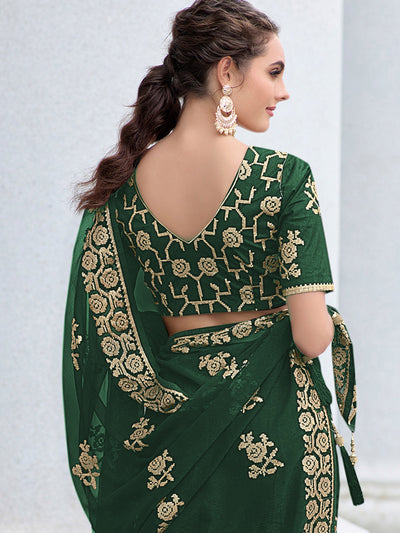 Odette Women Green Shimmer Sequins Embroidery Saree With Unstitched Blouse