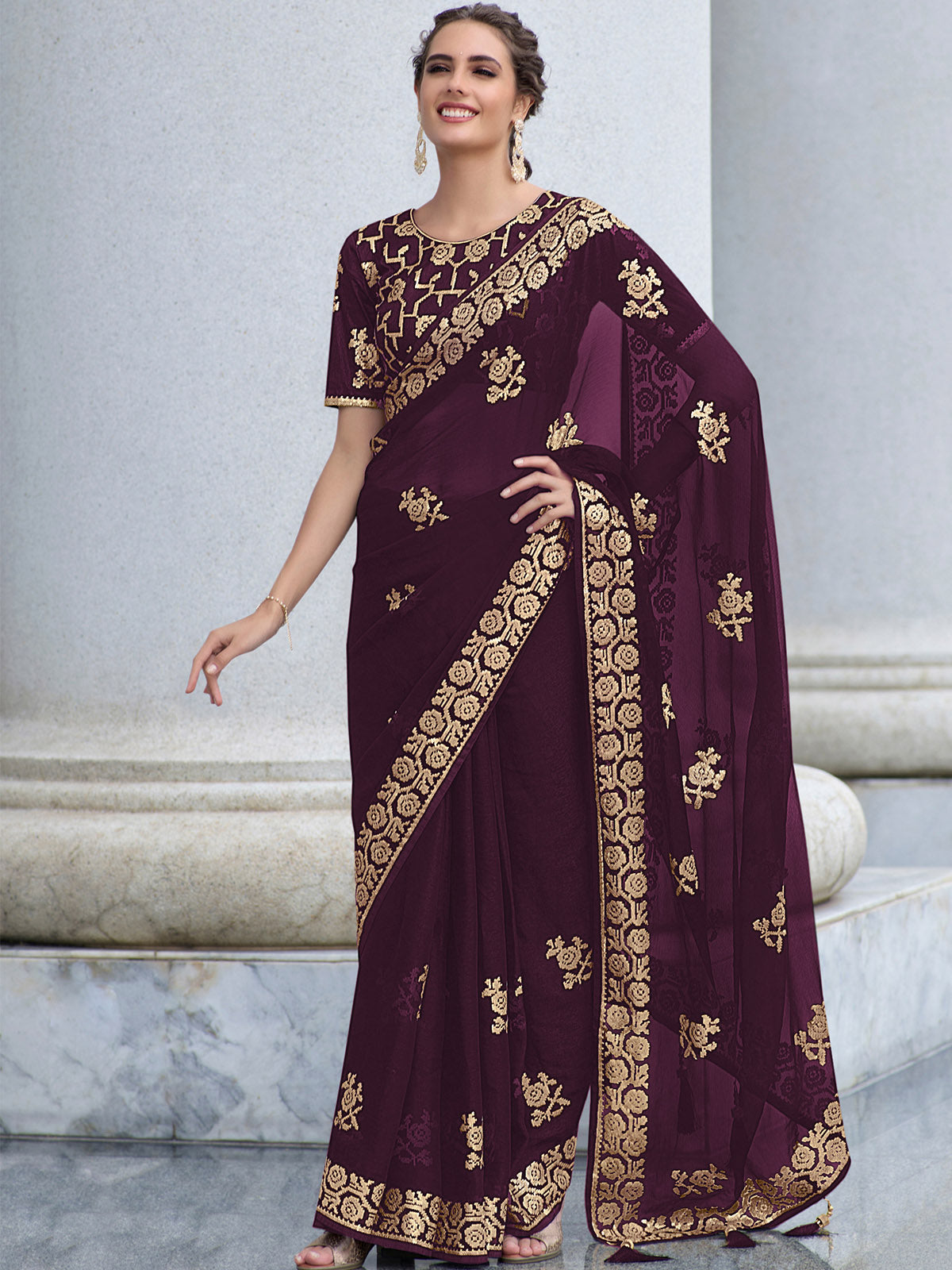 Odette Women Violet Shimmer Sequins Embroidery Saree With Unstitched Blouse