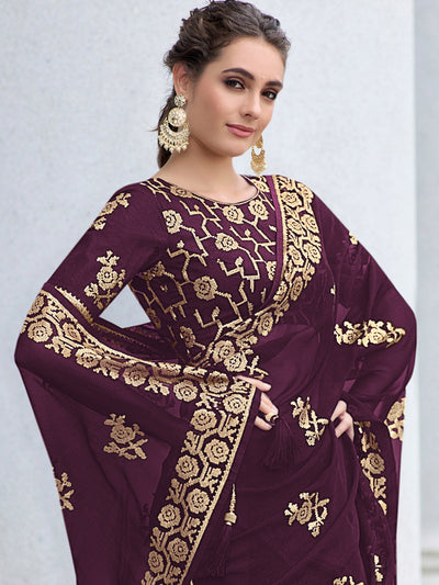 Odette Women Violet Shimmer Sequins Embroidery Saree With Unstitched Blouse