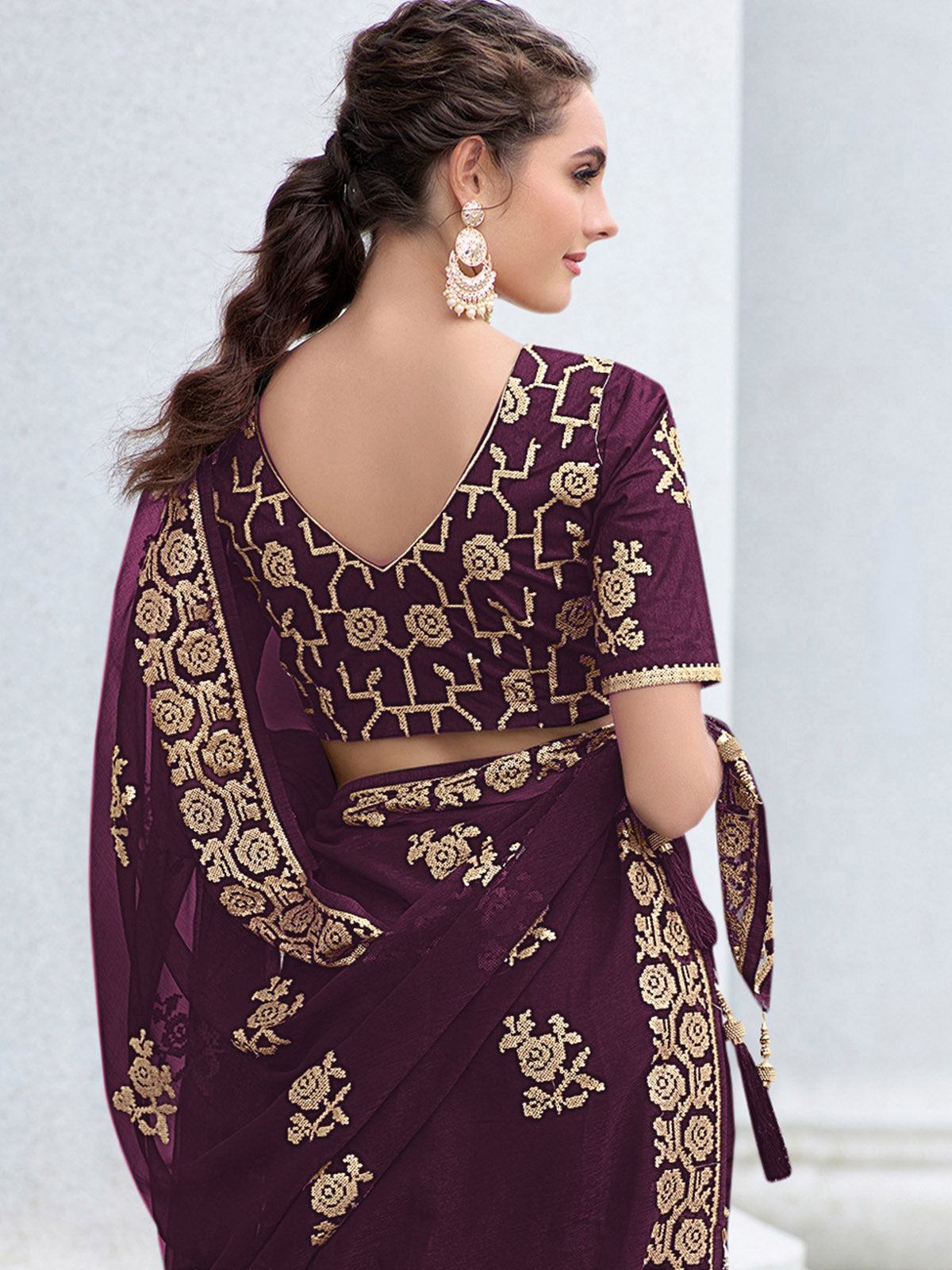 Odette Women Violet Shimmer Sequins Embroidery Saree With Unstitched Blouse