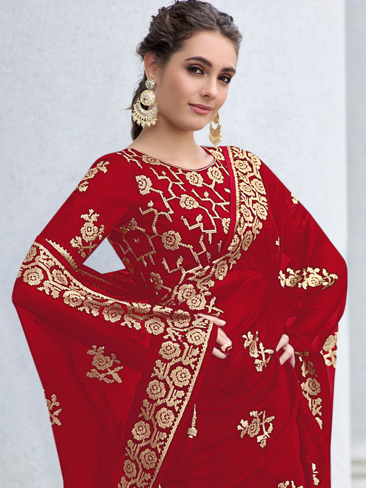 Odette Women Red Shimmer Sequins Embroidery Saree With Unstitched Blouse