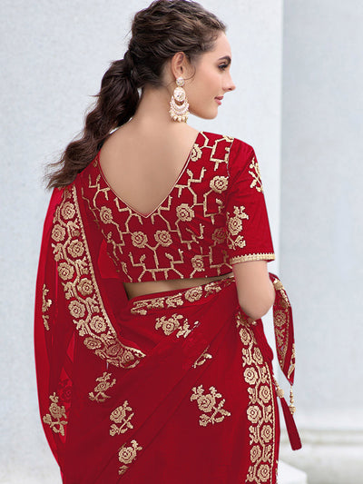 Odette Women Red Shimmer Sequins Embroidery Saree With Unstitched Blouse