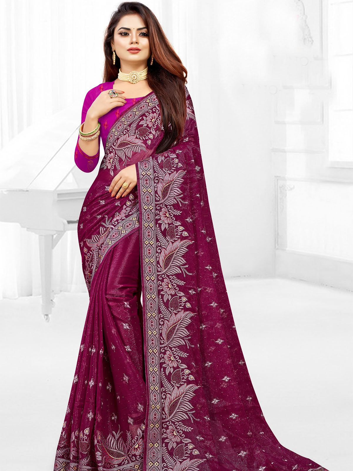 Odette Women Maroon Festive Saree With Unstitched Blouse