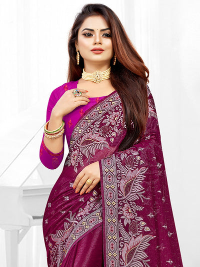 Odette Women Maroon Festive Saree With Unstitched Blouse