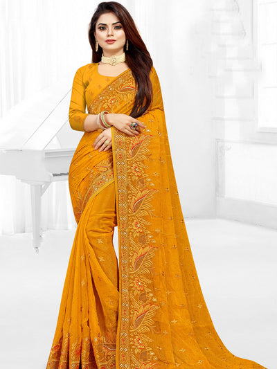 Mustard Festive Saree With Unstitched Blouse