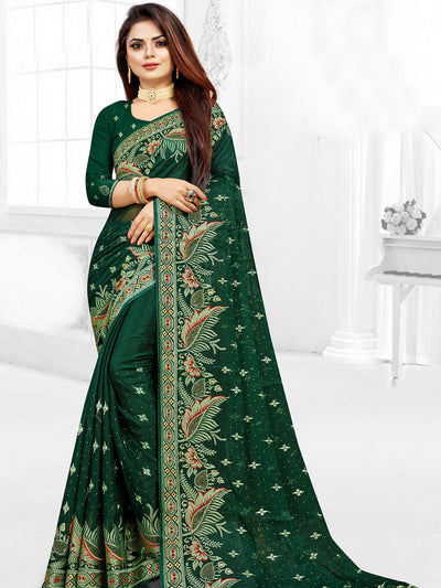 Odette Women Dark Green Festive Saree With Unstitched Blouse