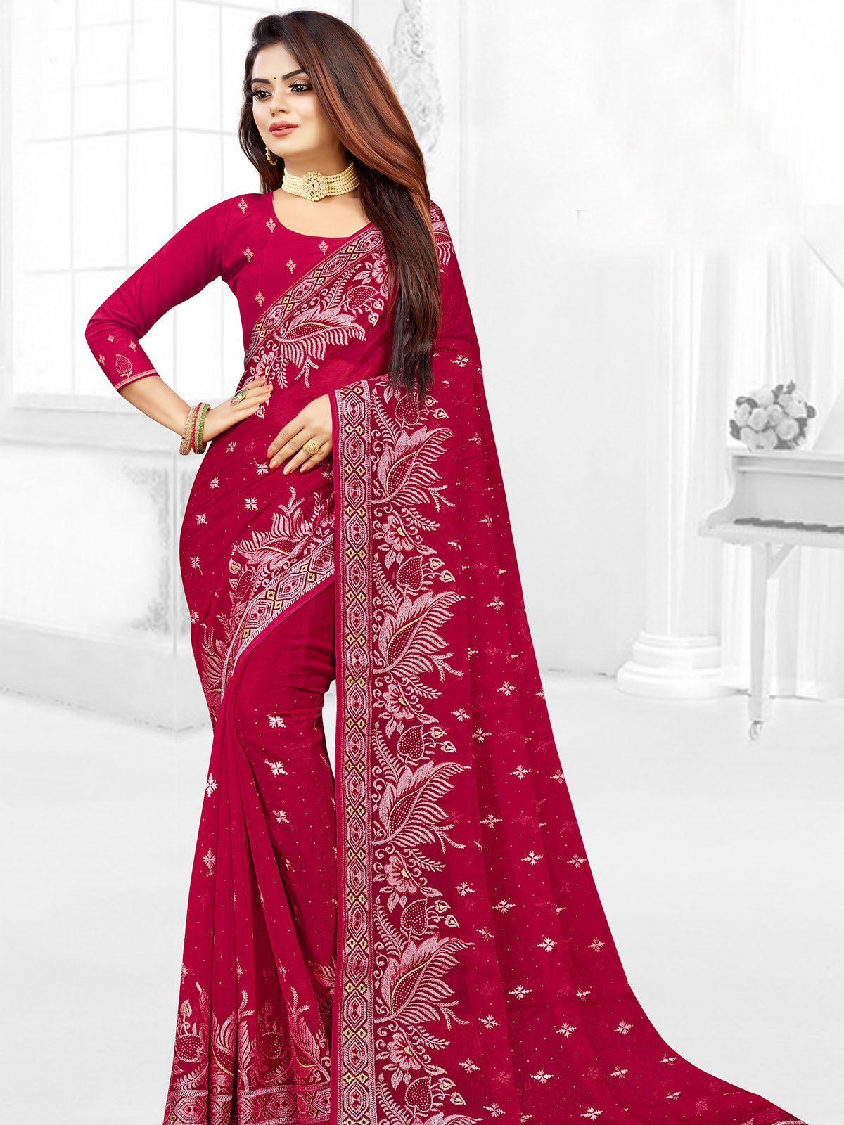 Odette Women Red Festive Saree With Unstitched Blouse