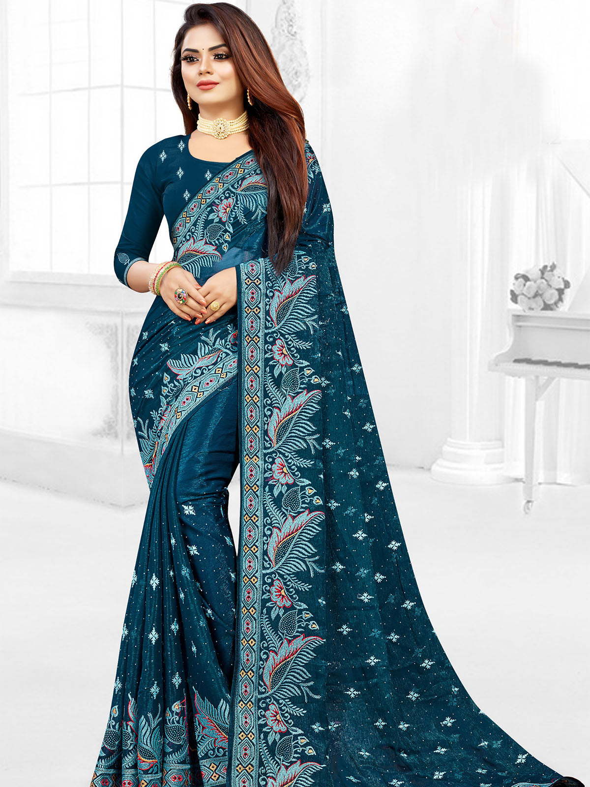 Teal Festive Saree With Unstitched Blouse