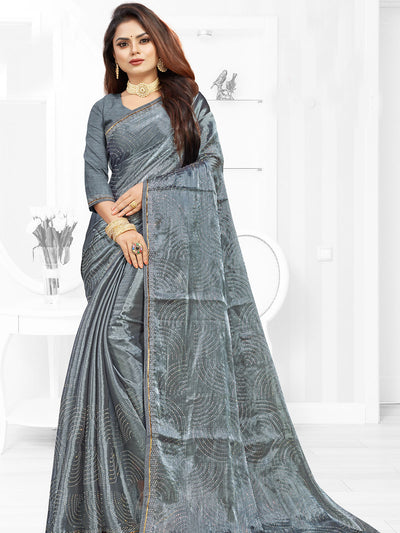 Odette Women Grey Festive Saree With Unstitched Blouse