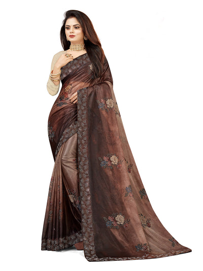 Odette Women Brown Lycra Digital Print & Siroski Work Saree With Unstitched Blouse