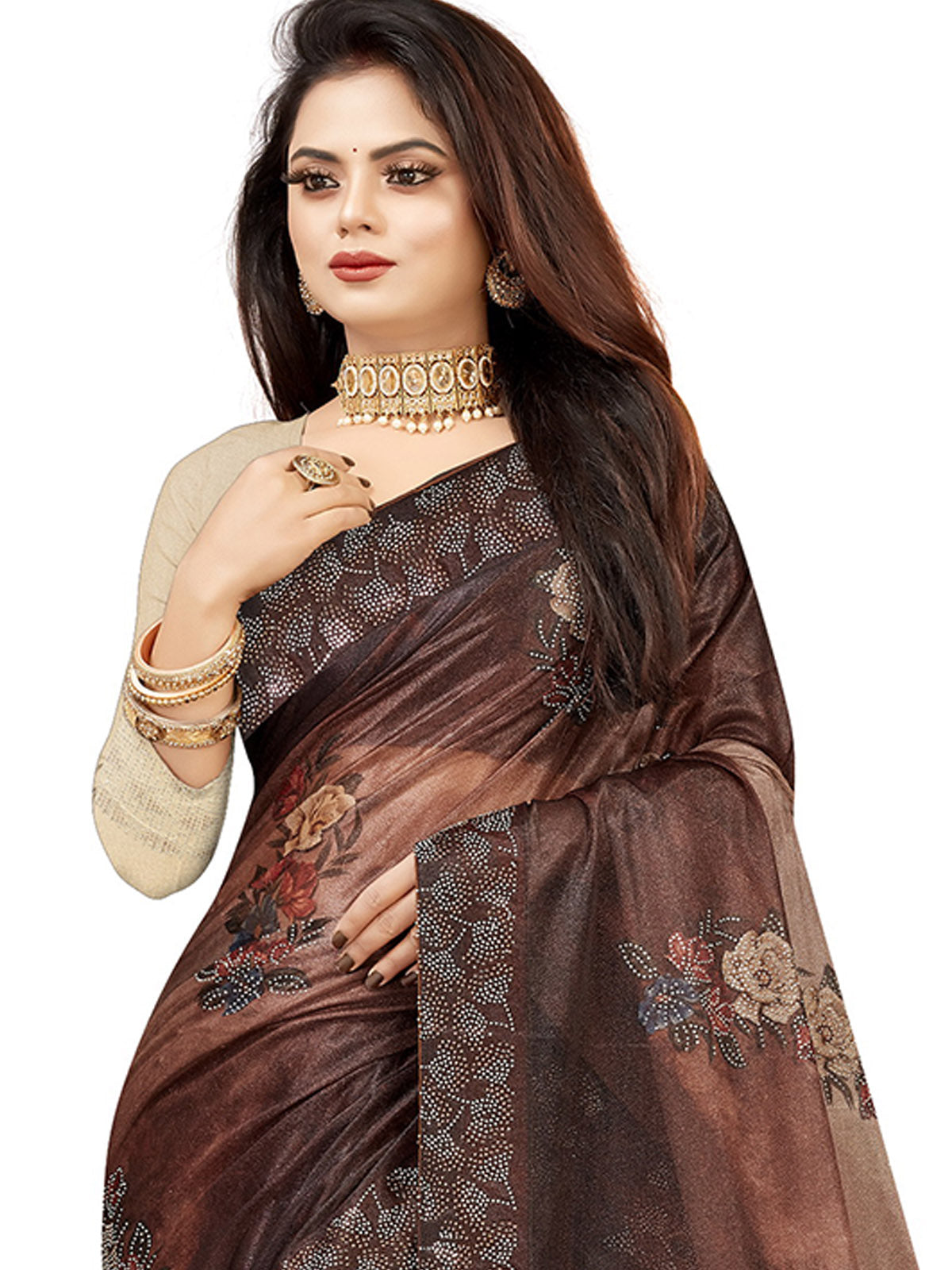 Odette Women Brown Lycra Digital Print & Siroski Work Saree With Unstitched Blouse