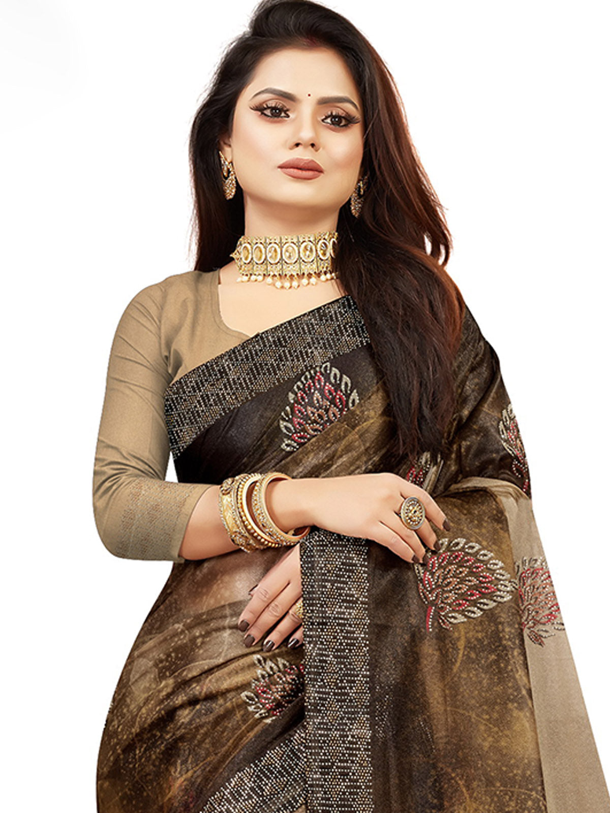 Odette Women Brown Lycra Digital Print & Siroski Work Saree With Unstitched Blouse