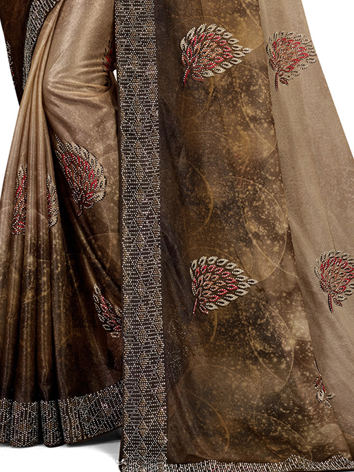 Odette Women Brown Lycra Digital Print & Siroski Work Saree With Unstitched Blouse