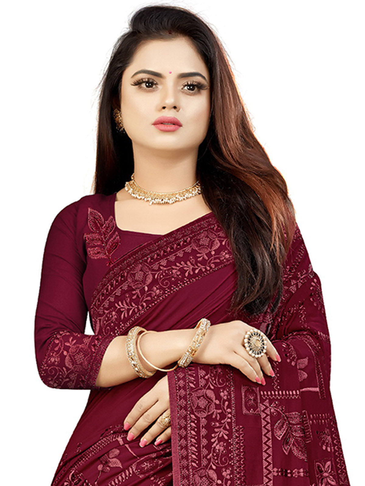 Maroon Georgette Sequins Embroidery Saree With Unstitched Blouse