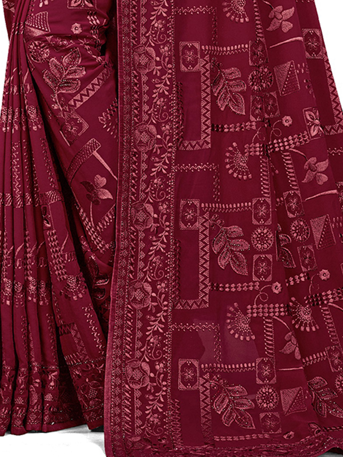 Maroon Georgette Sequins Embroidery Saree With Unstitched Blouse