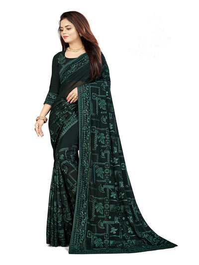 Odette Women Dark Green Georgette Sequins Embroidery Saree With Unstitched Blouse