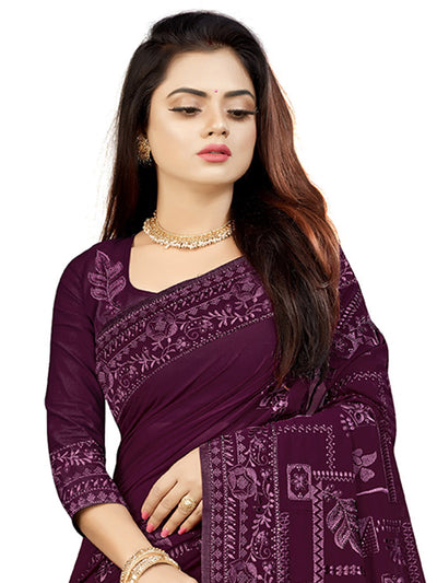 Odette Women Purple Georgette Sequins Embroidery Saree With Unstitched Blouse