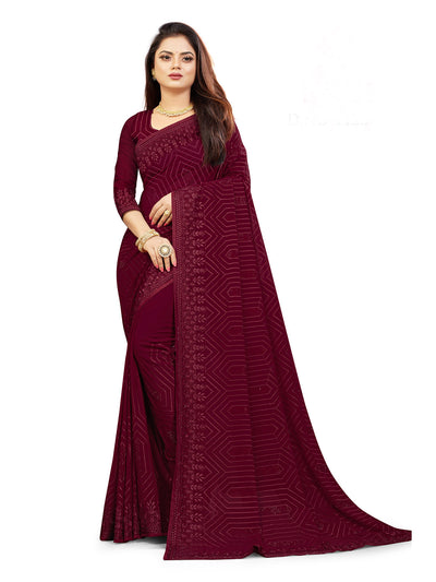 Odette Women Maroon Georgette Sequins Embroidery Saree With Unstitched Blouse