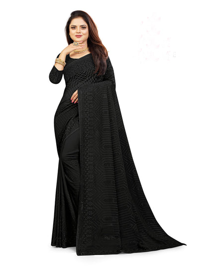Odette Women Black Georgette Sequins Embroidery Saree With Unstitched Blouse