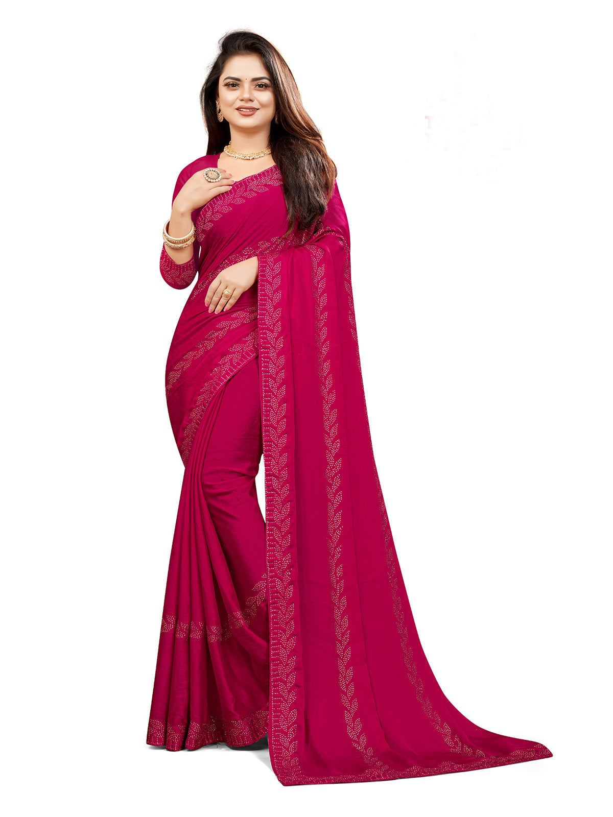 Odette Women Pink Satin Chiffon Embellished Saree With Unstitched Blouse