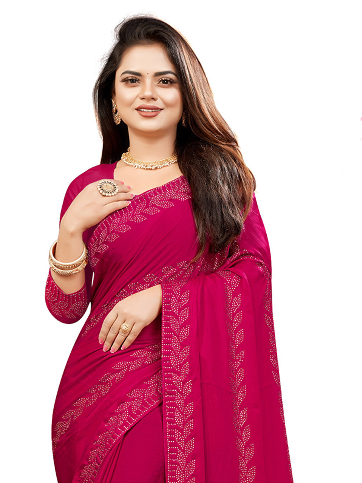 Odette Women Pink Satin Chiffon Embellished Saree With Unstitched Blouse