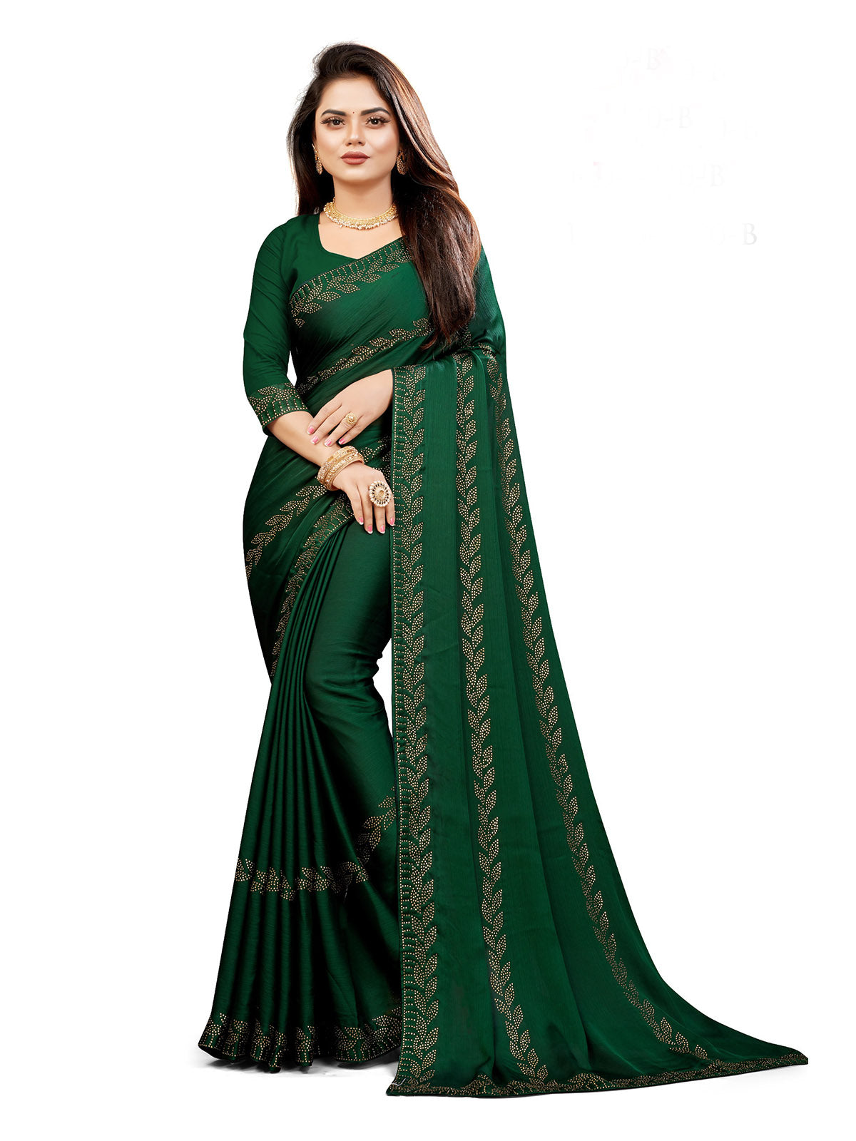 Odette Women Dark Green Satin Chiffon Embellished Saree With Unstitched Blouse