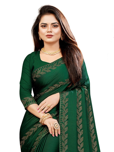 Odette Women Dark Green Satin Chiffon Embellished Saree With Unstitched Blouse