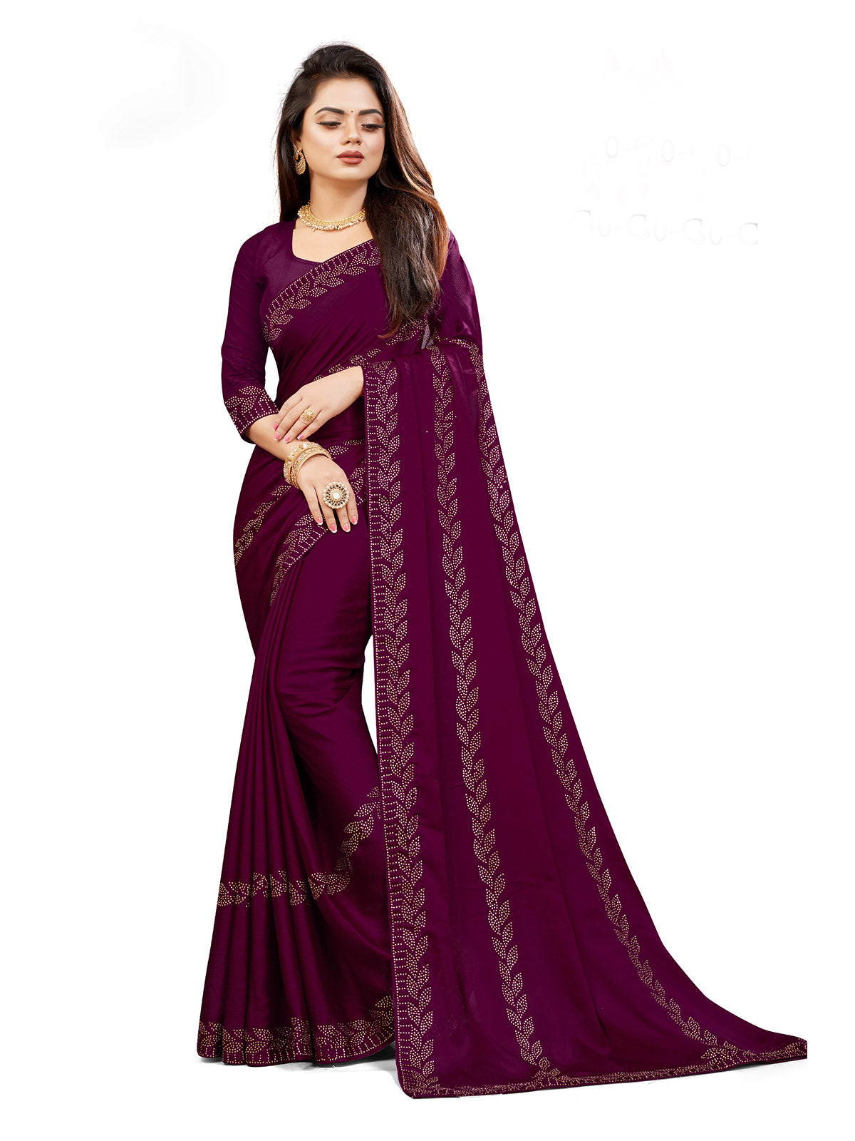 Odette Women Violet Satin Chiffon Embellished Saree With Unstitched Blouse