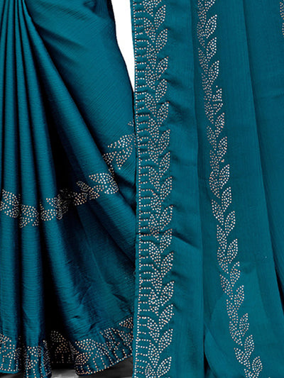 Odette Women Blue Satin Chiffon Embellished Saree With Unstitched Blouse