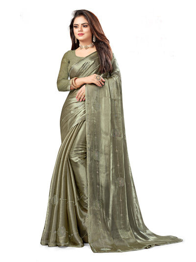 Odette Women Olive Chiffon Embellished Saree With Unstitched Blouse