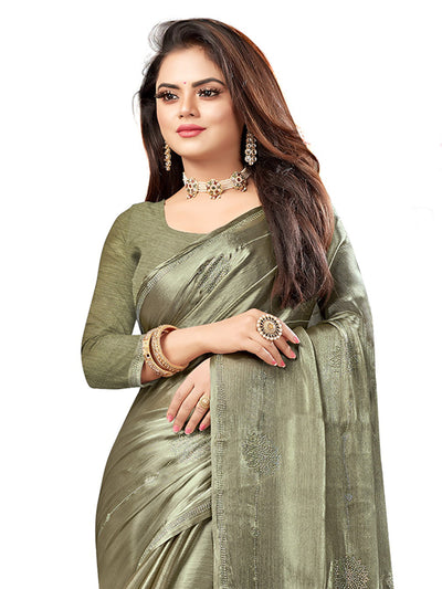 Odette Women Olive Chiffon Embellished Saree With Unstitched Blouse