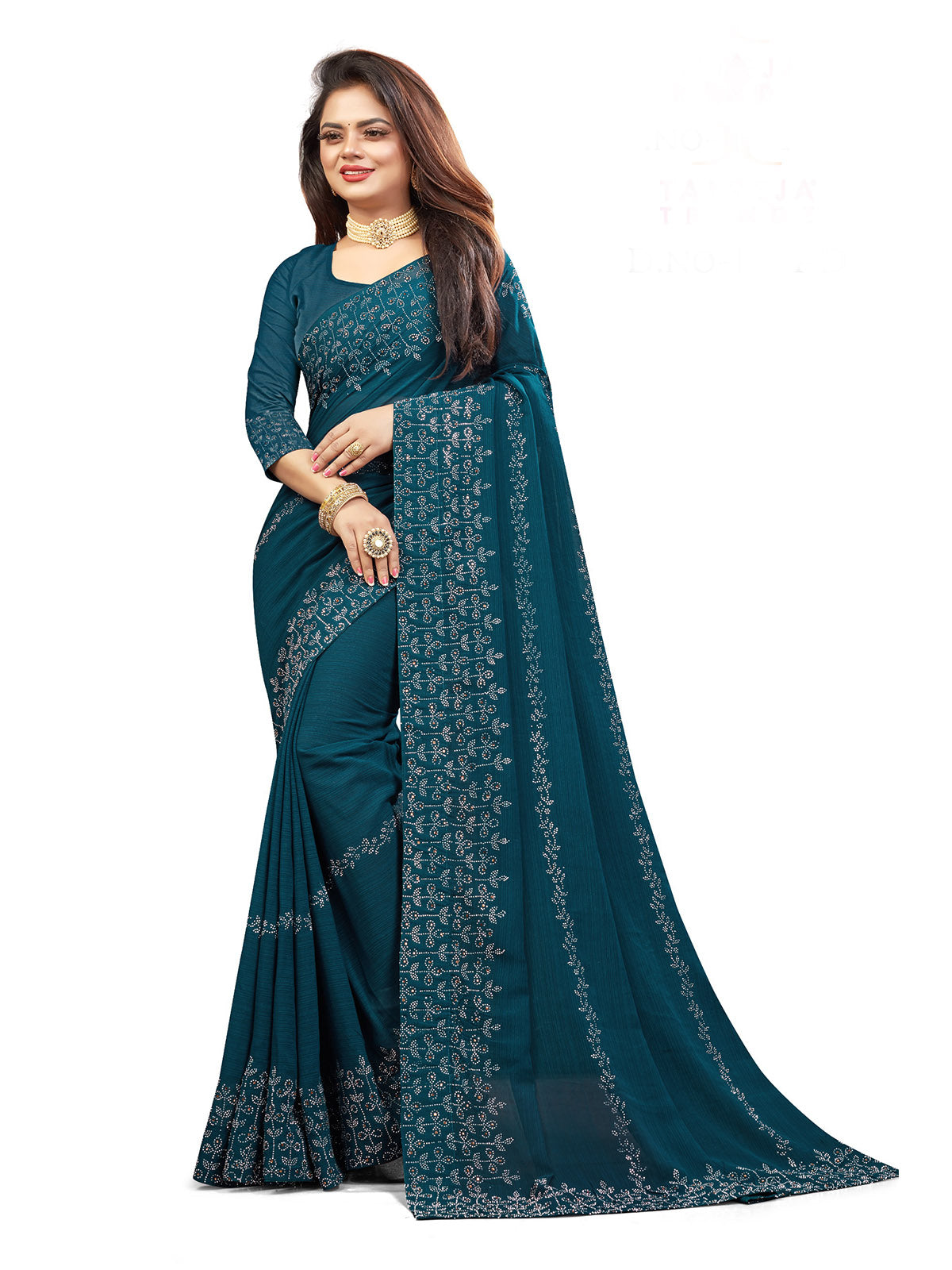 Blue Silk Chiffon Embellished Saree With Unstitched Blouse