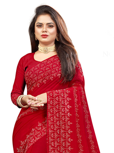 Red Silk Chiffon Embellished Saree With Unstitched Blouse