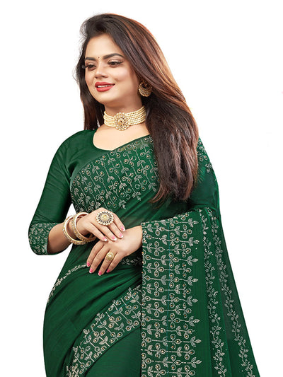 Dark Green Silk Chiffon Embellished Saree With Unstitched Blouse