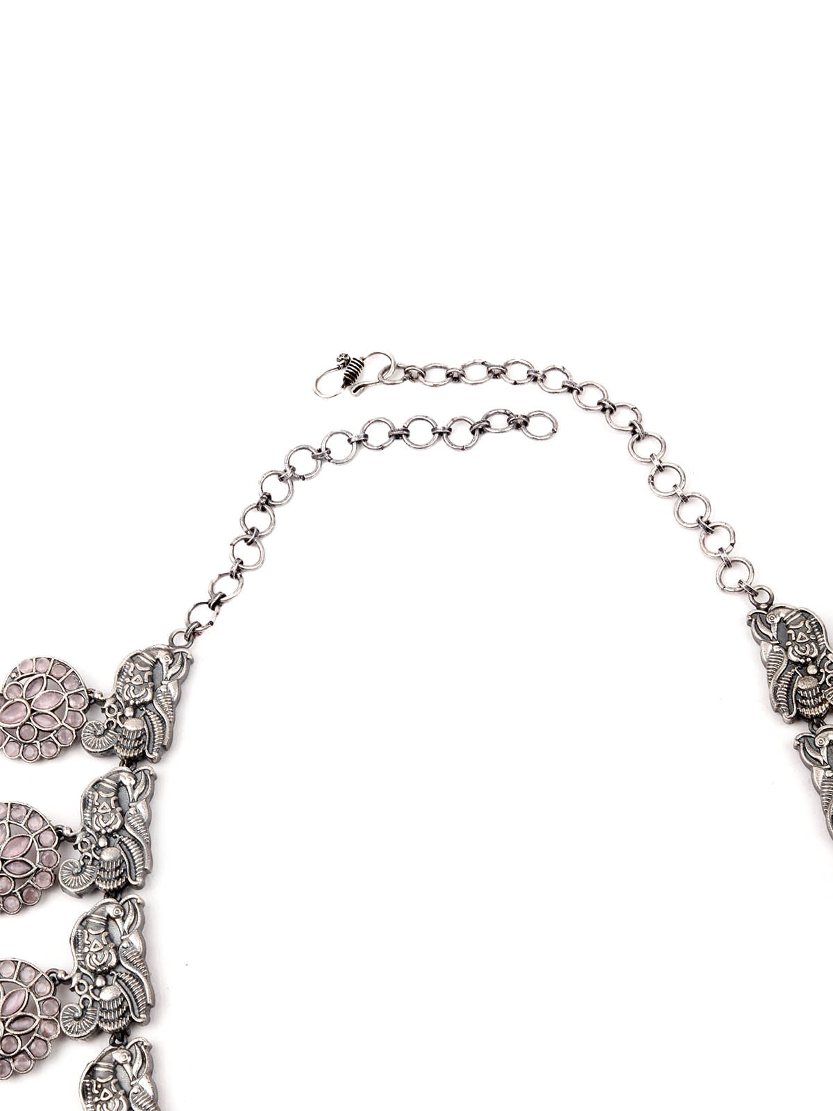 Odette Women Oxidised Silver Stone Studded Long Necklace Set