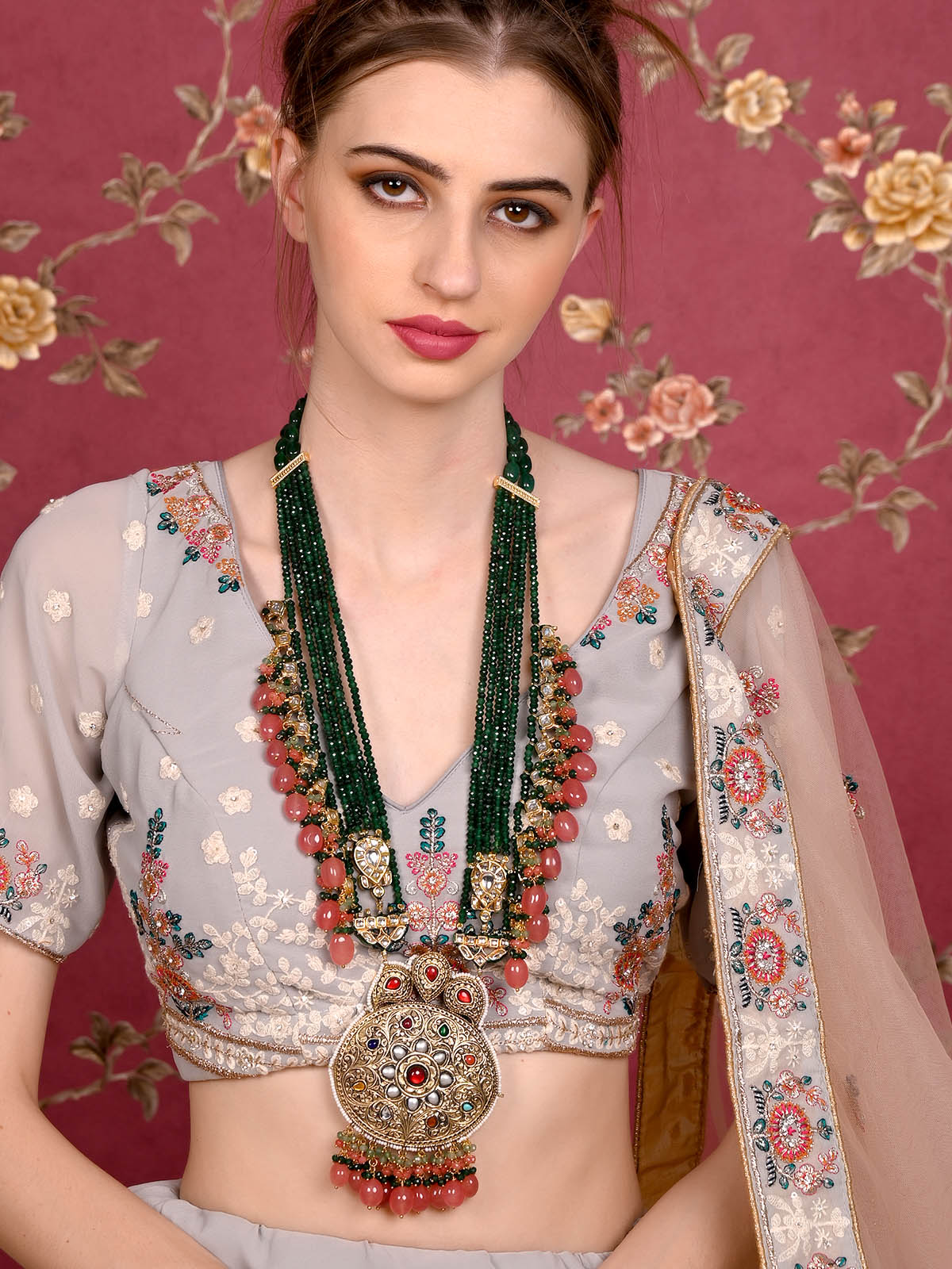 Odette Women Antique Style Bridal Green Long Necklace Set