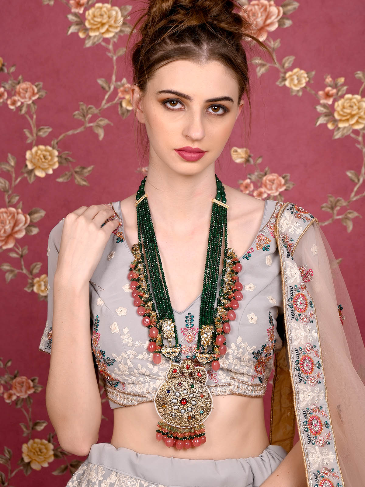 Odette Women Antique Style Bridal Green Long Necklace Set