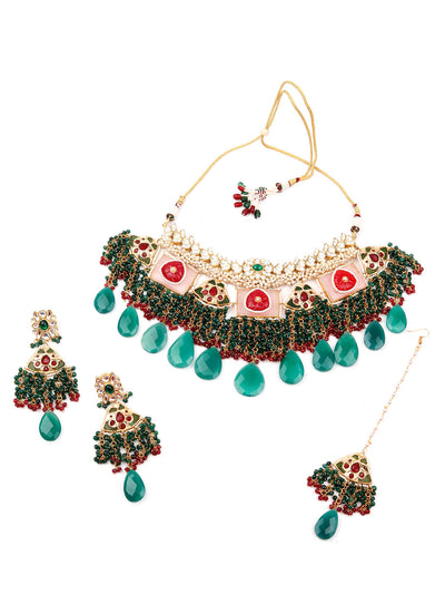 Odette Women Multicolored Choker Necklace Set With Mangtika