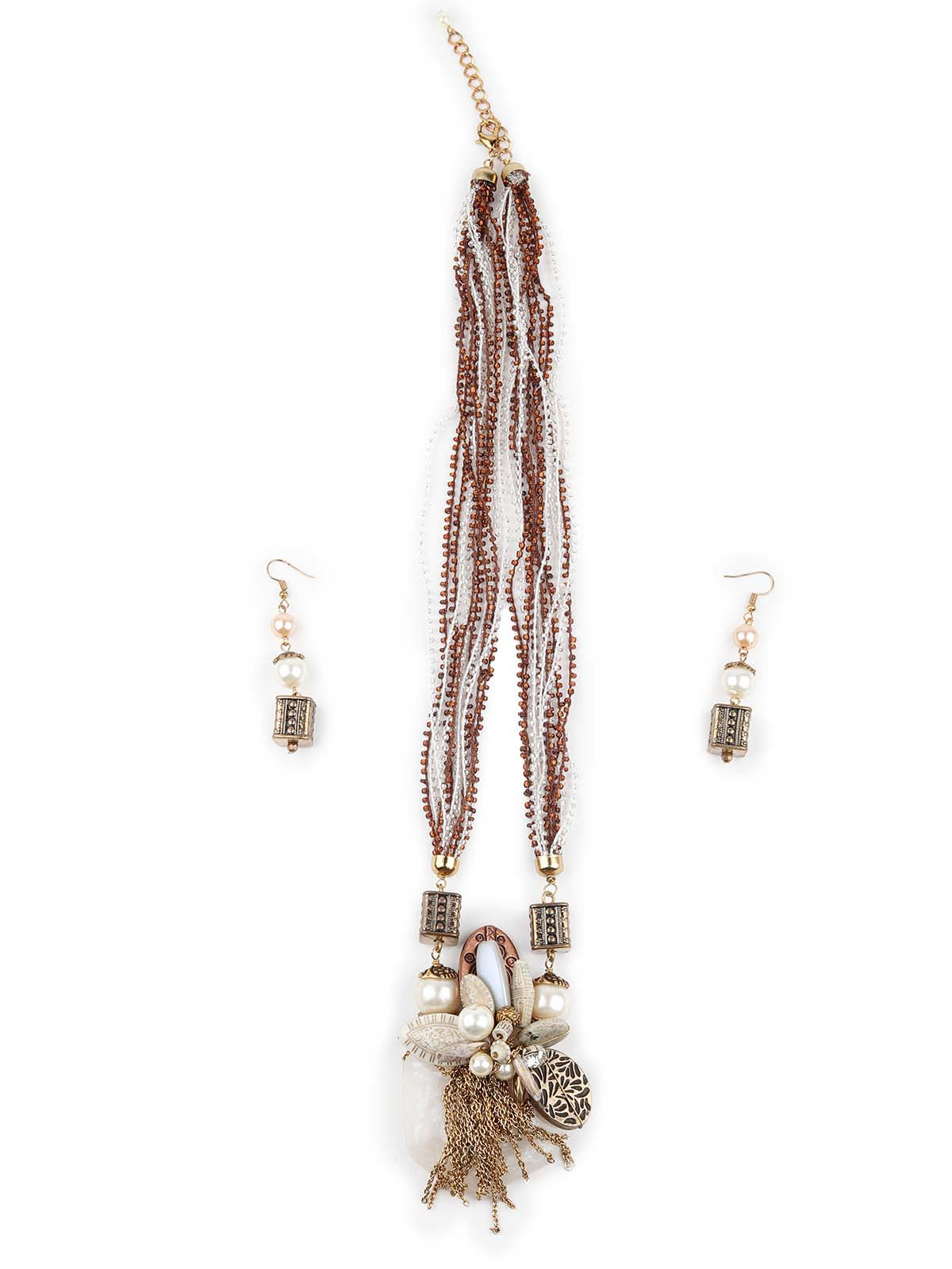 Odette Women Brown And White Long Necklace Set