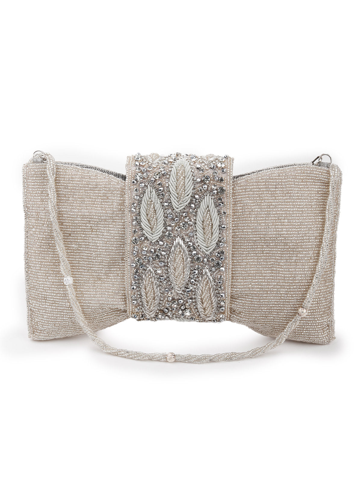 Odette Women Silver Embellished Cutdana Clutch Bag