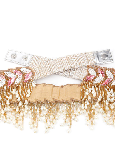 Odette Women White And Pink Embroidered And Tasseled Waist Belt