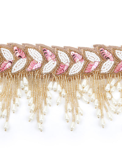 Odette Women White And Pink Embroidered And Tasseled Waist Belt