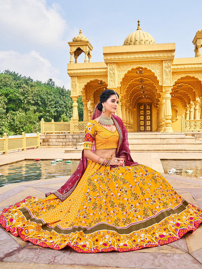 Yellow Designer Printed Semi Stitched Lehenga With  Unstitched Blouse