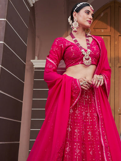Pink Designer Embroidered Semi Stitched Lehenga With  Unstitched Blouse