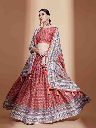 Odette Women Peach Chinon Semi Stitched Lehenga With Unstitched Blouse